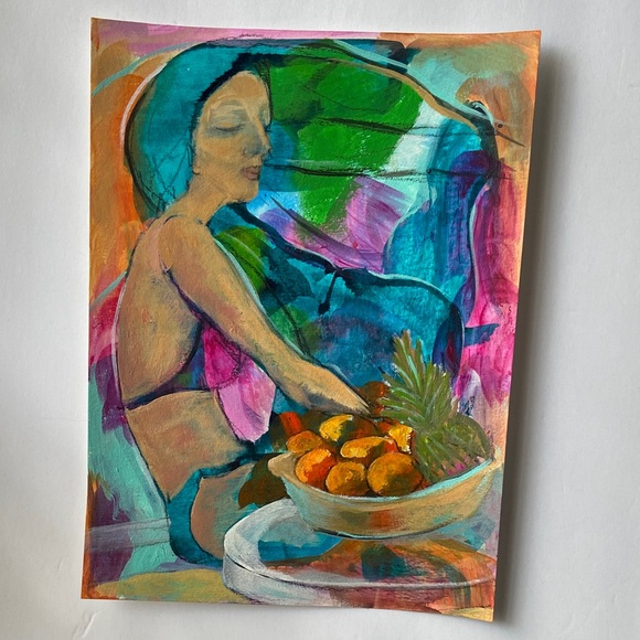 Original Art Work, Vibrant Acrylic Abstract Woman with Blue and Green Accents - Picture 6 of 9